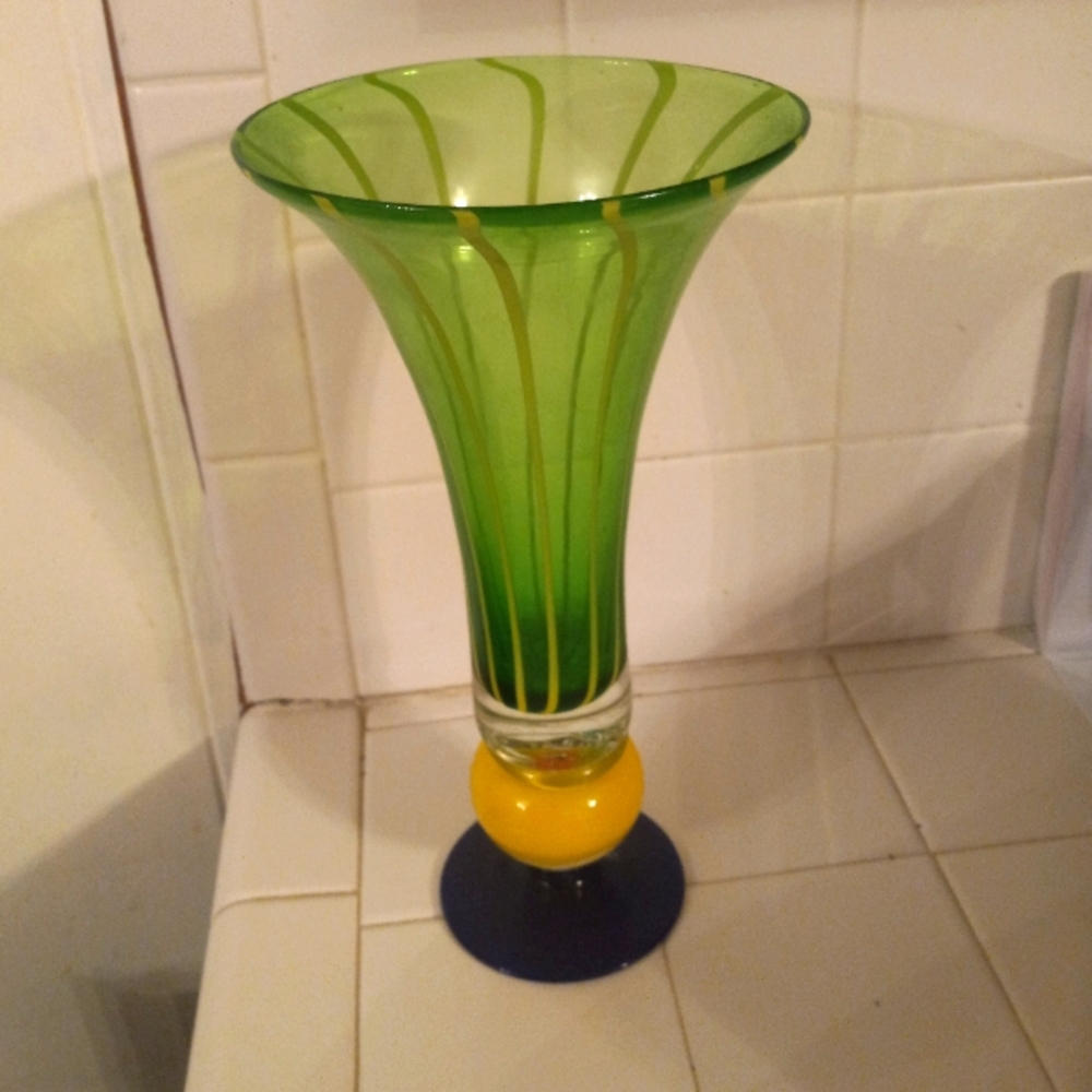 Murano Style 11.5" tall Beautiful Green Yellow and navy Vase vintage 80s